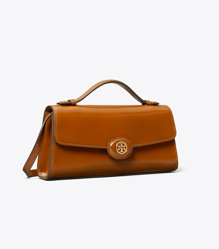 Tory Burch designer mini bags Portafoglio con manico superiore e catena Robinson in pelle spazzolata in DARK SIENNA angle