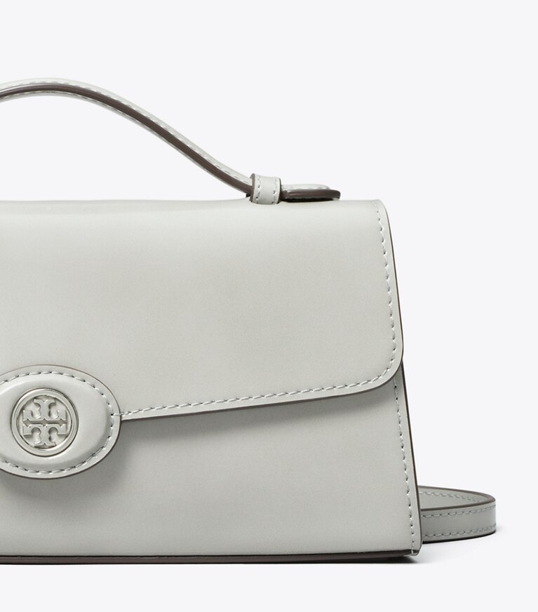Tory Burch designer mini bags Portafoglio con manico superiore e catena Robinson in pelle spazzolata in Light Granite dettaglio