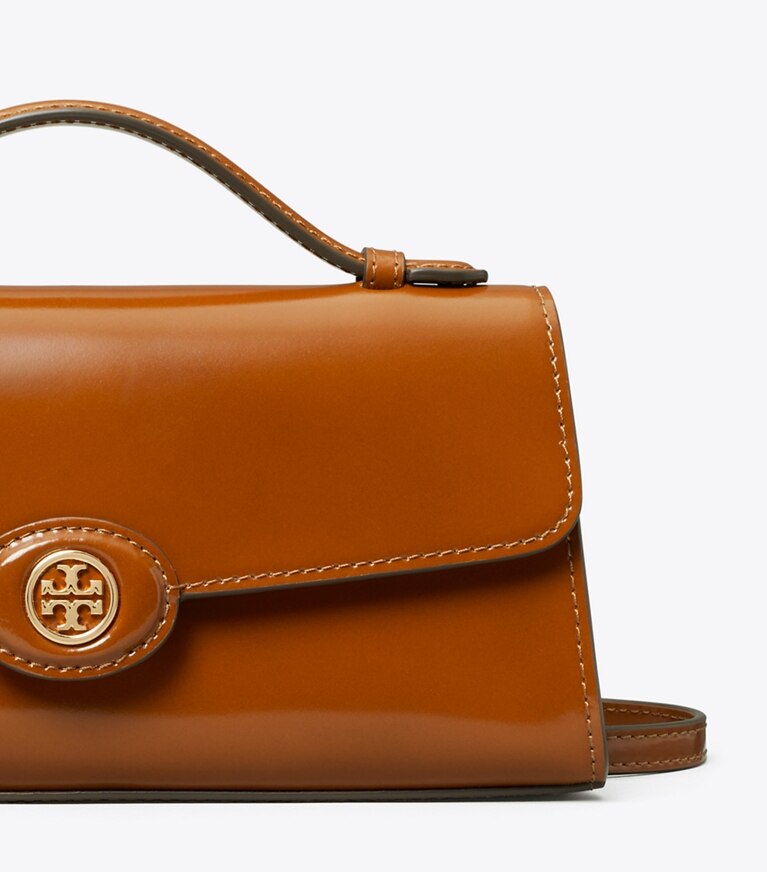 Tory Burch designer mini bags Portafoglio con manico superiore e catena Robinson in pelle spazzolata in DARK SIENNA angle