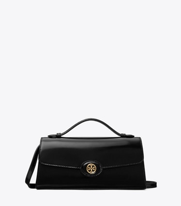 Tory Burch designer mini bags Portafoglio con manico superiore e catena Robinson in pelle spazzolata in Black front