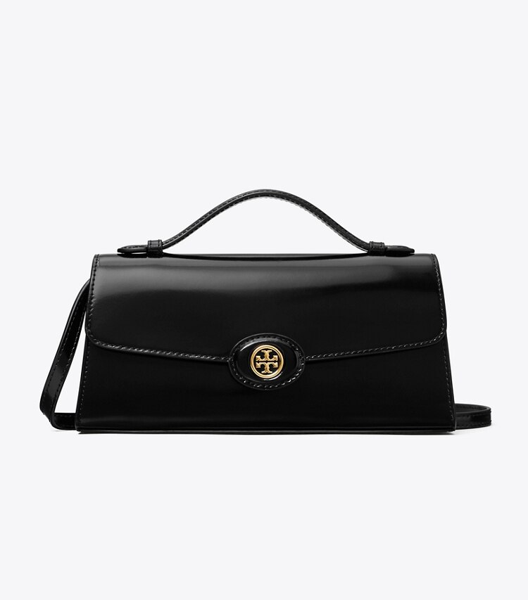 Tory Burch designer mini bags Portafoglio con manico superiore e catena Robinson in pelle spazzolata in Black front
