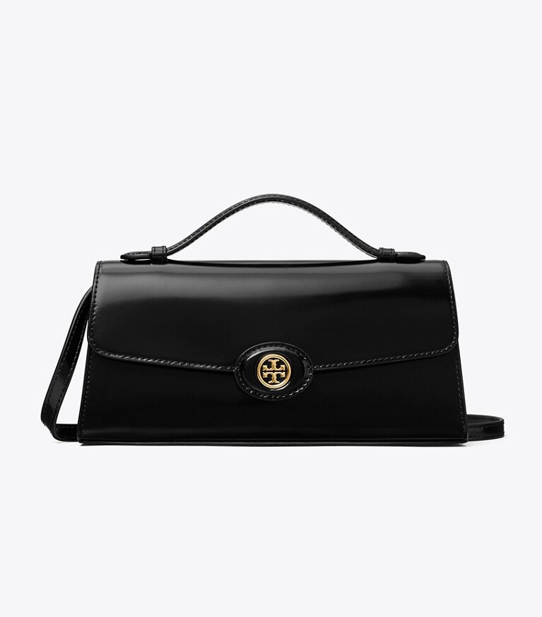 Tory Burch designer mini bags Portafoglio con manico superiore e catena Robinson in pelle spazzolata in Black angle