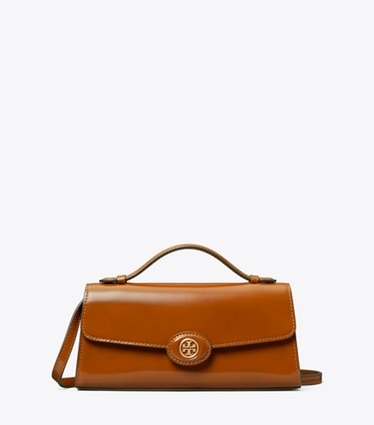 Tory Burch designer mini bags Portafoglio con manico superiore e catena Robinson in pelle spazzolata in DARK SIENNA front
