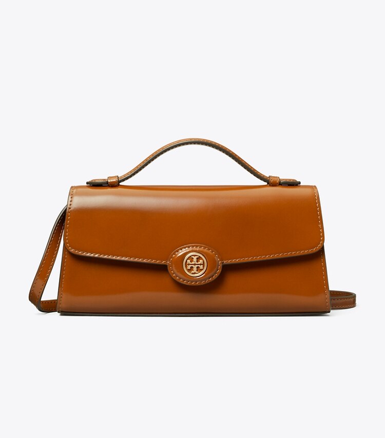 Tory Burch designer mini bags Portafoglio con manico superiore e catena Robinson in pelle spazzolata in DARK SIENNA front