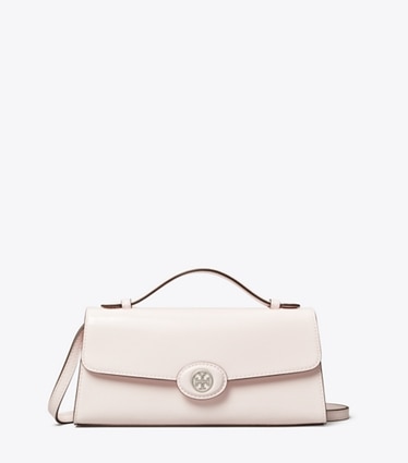 Tory Burch designer mini bags Portafoglio con manico superiore e catena Robinson in pelle spazzolata in Powder Pink front