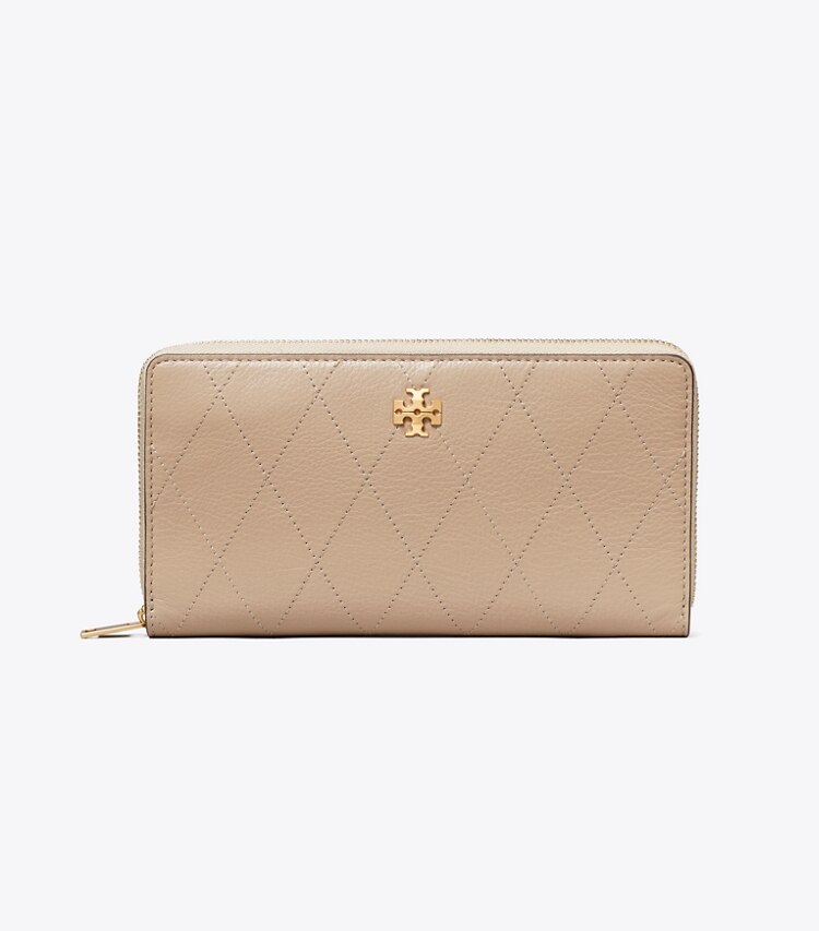 Tory Burch designer portafogli Portafoglio continental con zip matelassé Charlie in Soft Cement front