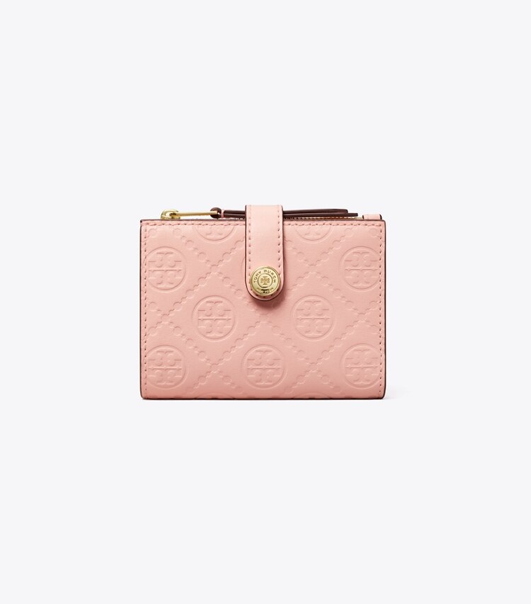 Tory Burch designer portafogli Portafoglio doppio T Monogram in pelle impressa in Pink Sea front