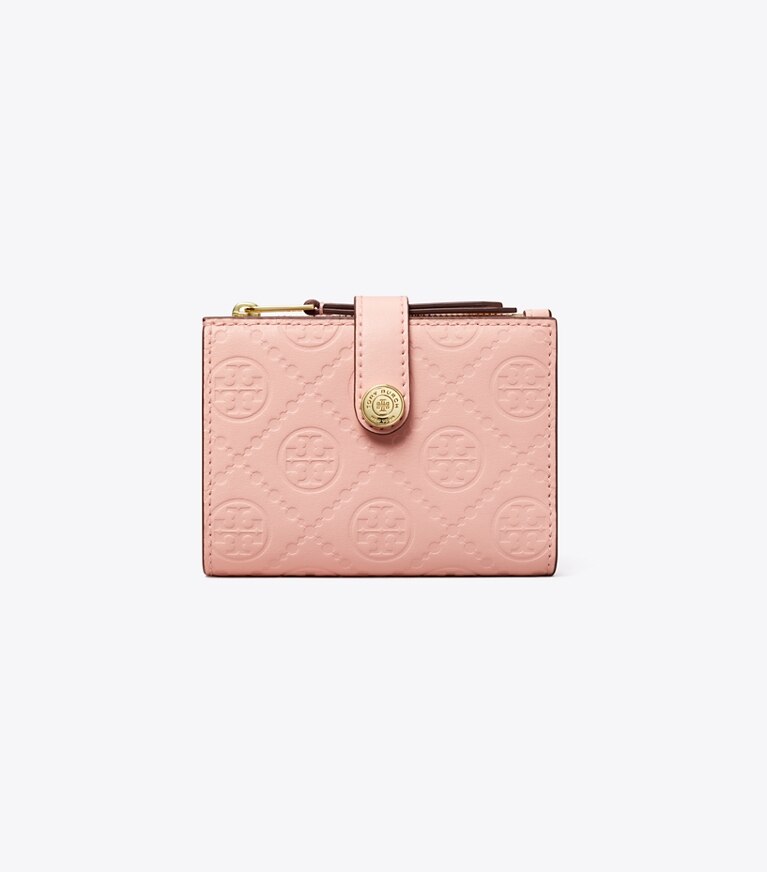 Tory Burch designer portafogli Portafoglio doppio T Monogram in pelle impressa in Pink Sea angle