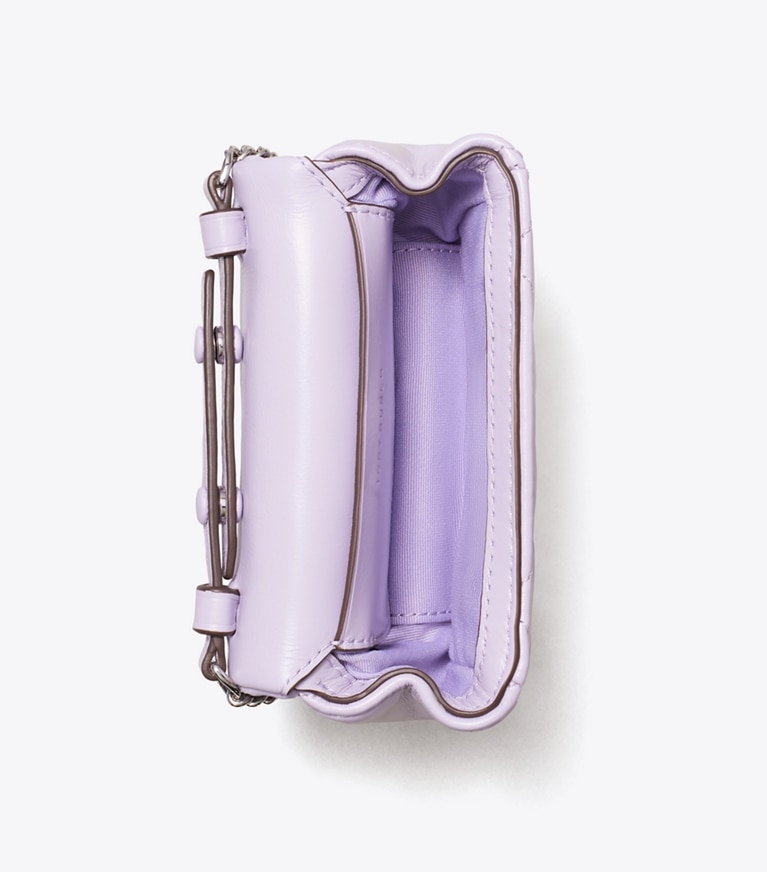 Tory Burch designer mini bags Portafoglio mini con catena Kira Clover con trapuntatura a diamante in Purple Heather angle
