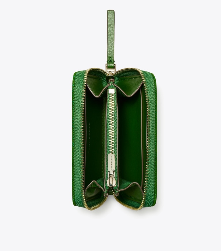 Tory Burch designer portafogli Portafoglio piccolo Kira floccato con chiusura completa con zip in Emerald angle