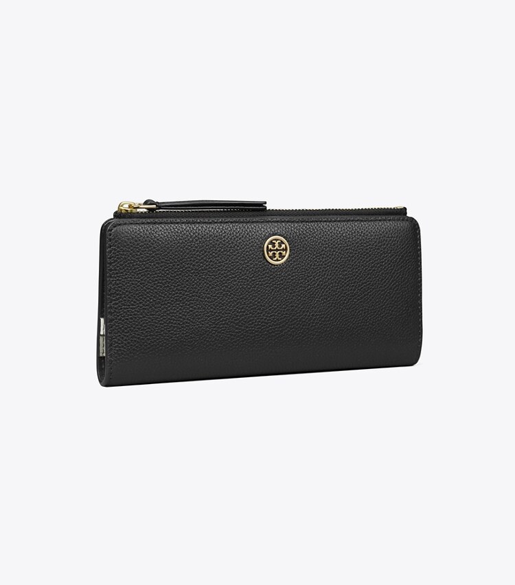 Tory Burch designer portafogli Portafoglio sottile Robinson in pelle martellata con zip in Black angle