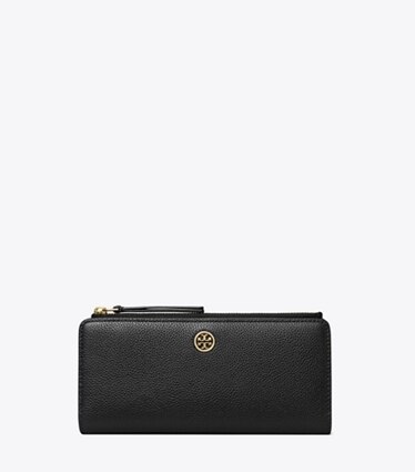 Tory Burch designer portafogli Portafoglio sottile Robinson in pelle martellata con zip in Black front