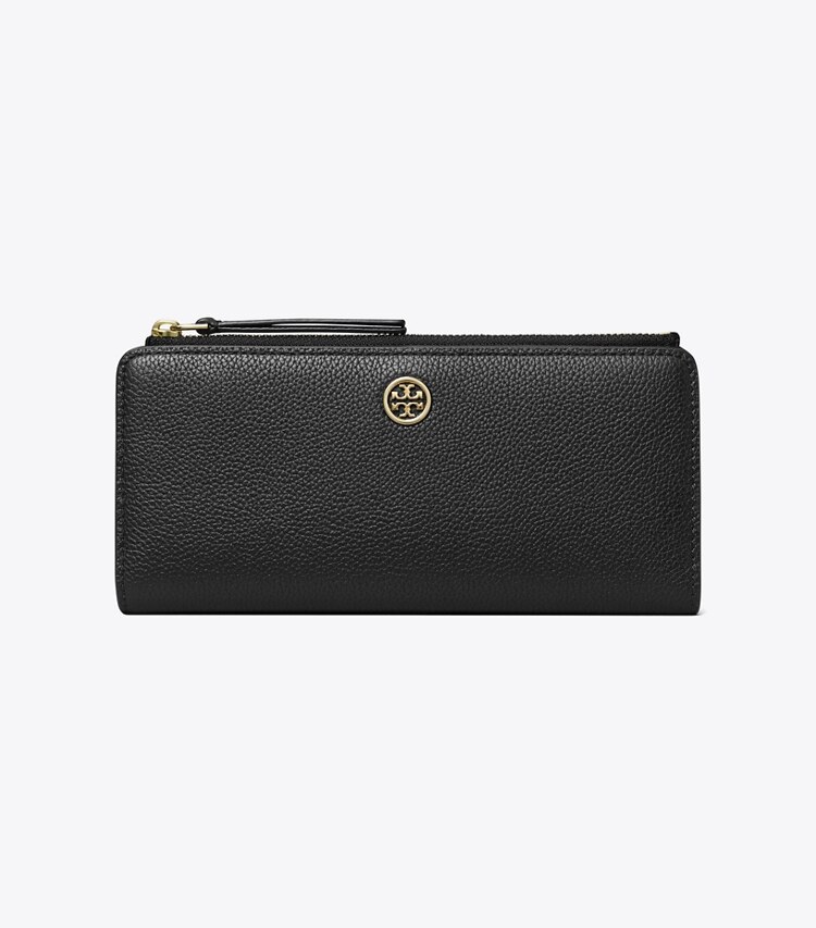 Tory Burch designer portafogli Portafoglio sottile Robinson in pelle martellata con zip in Black front