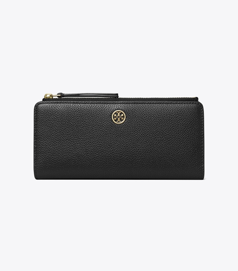 Tory Burch designer portafogli Portafoglio sottile Robinson in pelle martellata con zip in Black angle