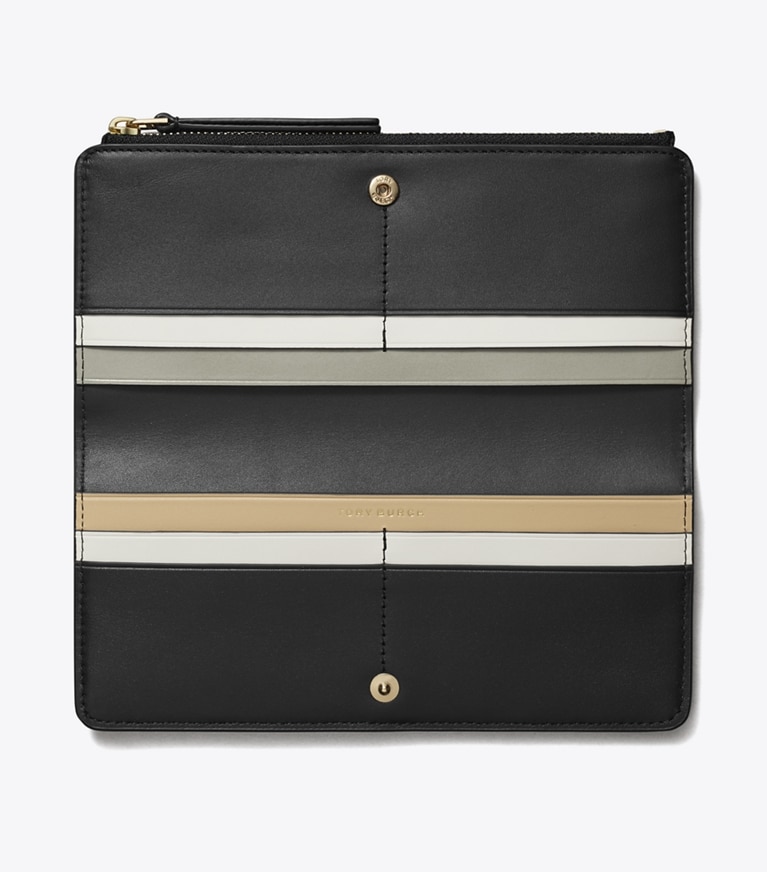 Tory Burch designer portafogli Portafoglio sottile Robinson in pelle martellata con zip in Black angle