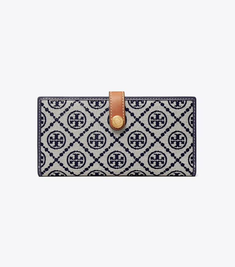 Tory Burch designer portafogli Portafoglio sottile T Monogram con zip in Tory Navy angle