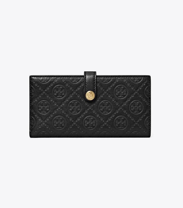 Tory Burch designer portafogli Portafoglio sottile T Monogram in pelle impressa con zip in Black angle