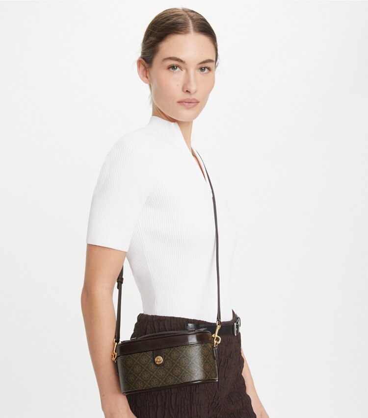 Tory Burch designer mini bags Portagioie in tela rivestita T Monogram in French Press accessory on model