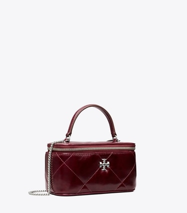 Tory Burch designer mini bags Portagioie Kira con trapuntatura a diamante effetto consumato in Dark Carmine angle