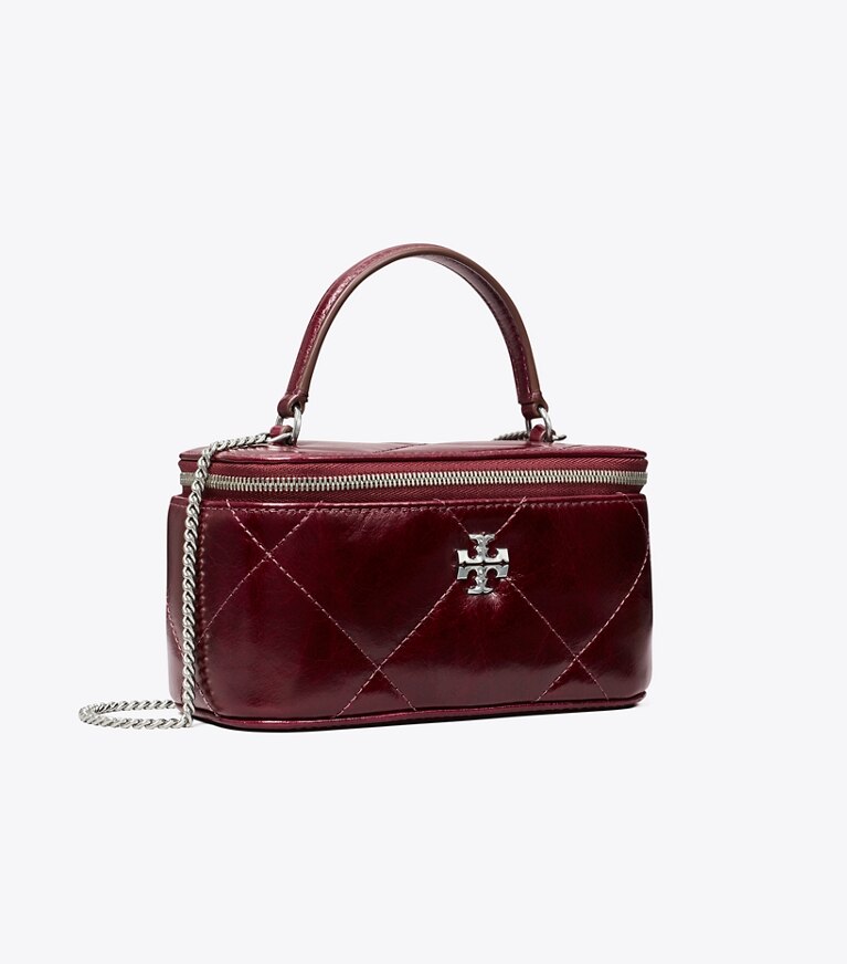 Tory Burch designer mini bags Portagioie Kira con trapuntatura a diamante effetto consumato in Dark Carmine angle