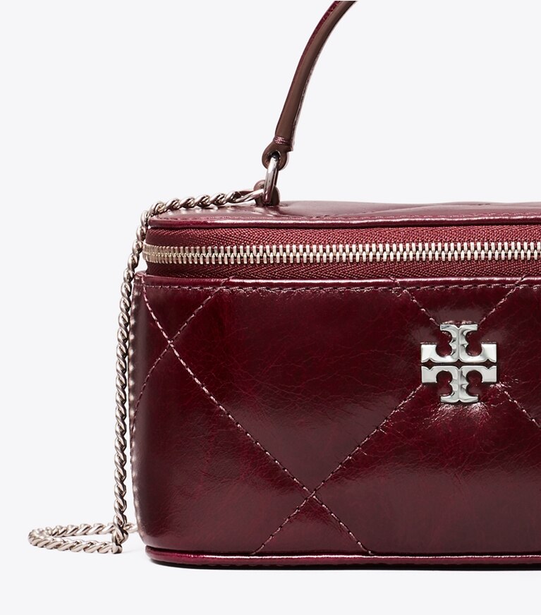 Tory Burch designer mini bags Portagioie Kira con trapuntatura a diamante effetto consumato in Dark Carmine angle