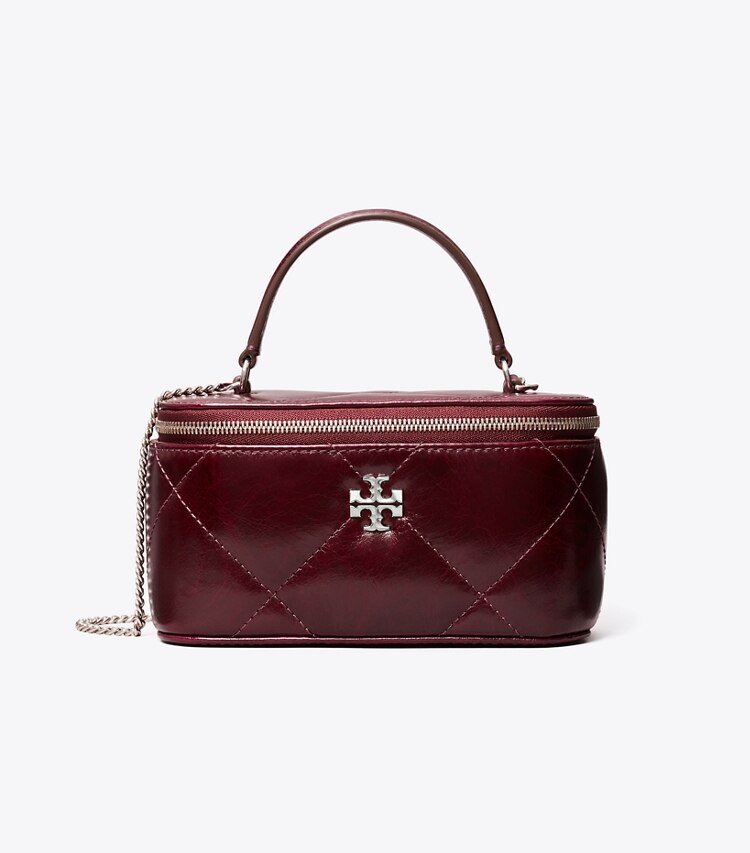 Tory Burch designer mini bags Portagioie Kira con trapuntatura a diamante effetto consumato in Dark Carmine front