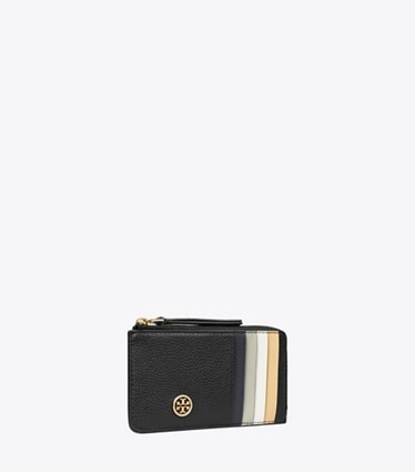 Tory Burch designer portes-cartes Porte-cartes à fermeture éclair Robinson en cuir grainé dans Black angle