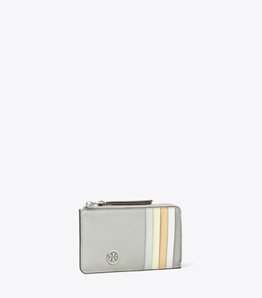 Tory Burch designer portes-cartes Porte-cartes à fermeture éclair Robinson en cuir grainé dans Light Granite angle