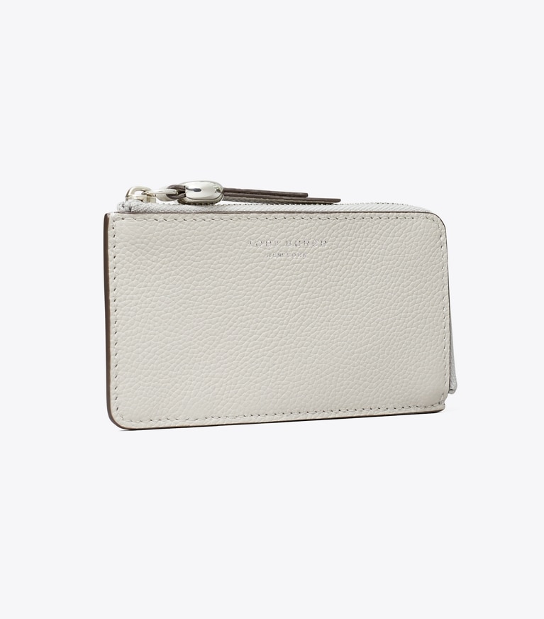 Tory Burch designer portes-cartes Porte-cartes à glissière Romy dans Dove Gray angle