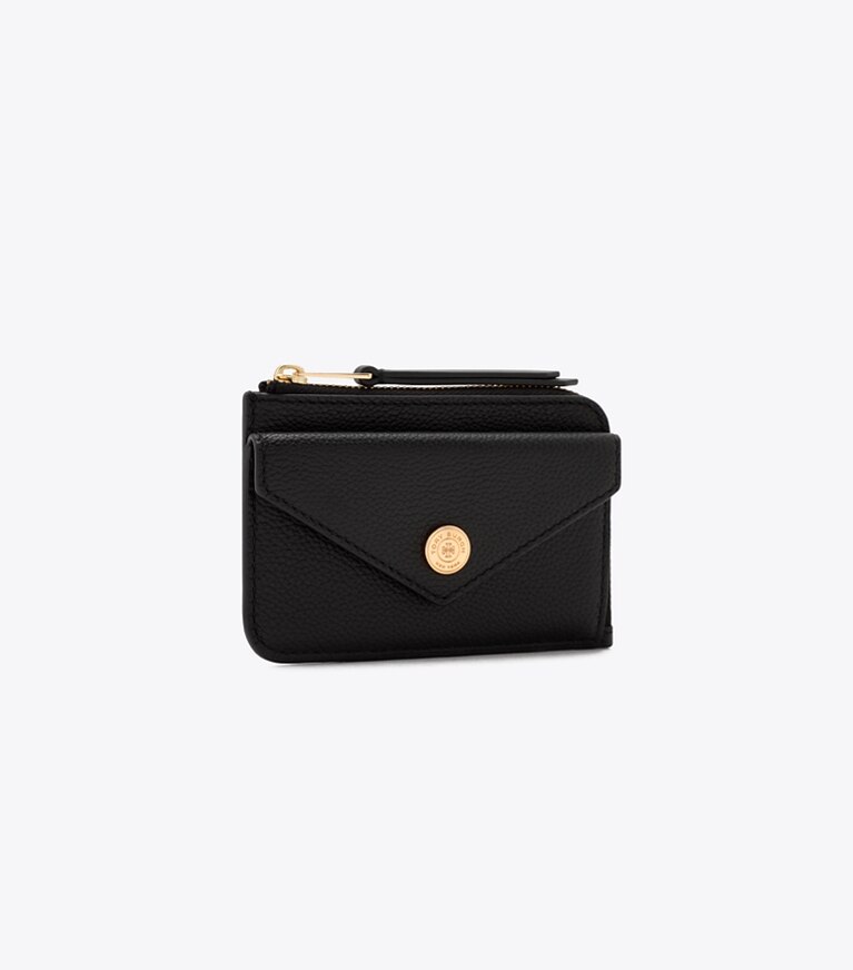 Tory Burch designer portes-cartes Porte-cartes enveloppe T Monogram zippé en cuir grainé in Black angle
