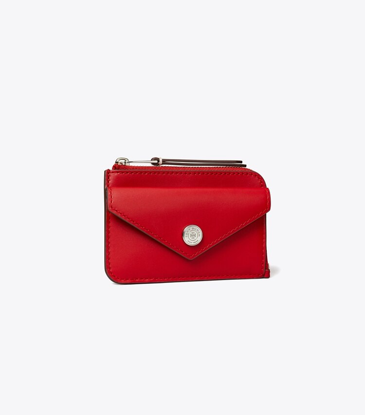 Tory Burch designer portes-cartes Porte-cartes enveloppe zippé en cuir dans Red Sky angle