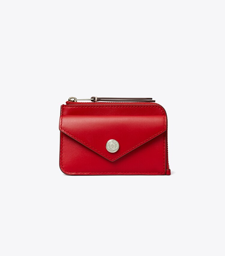 Tory Burch designer portes-cartes Porte-cartes enveloppe zippé en cuir dans Red Sky de face