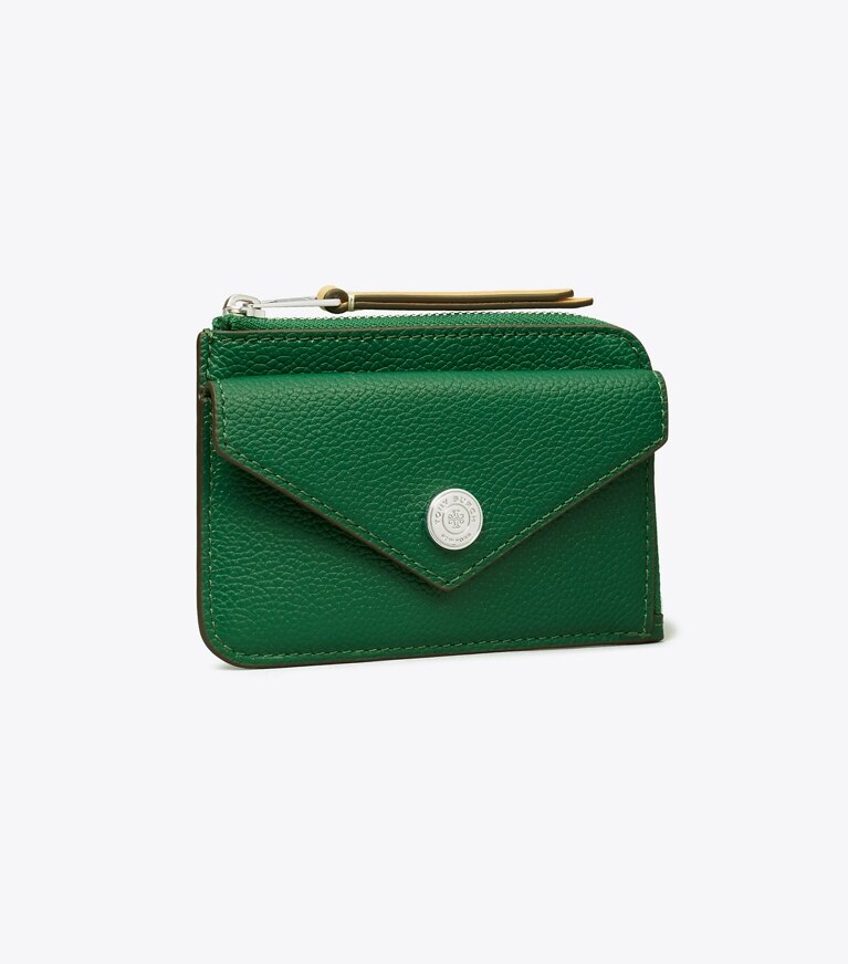 Tory Burch designer portes-cartes Porte-cartes enveloppe zippé en cuir grainé in Dark Kale angle