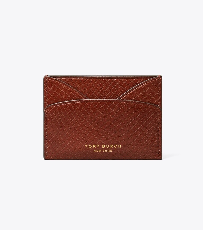 Tory Burch designer portes-cartes Porte-cartes plat Romy embossé façon serpent dans Sweet Maple de face