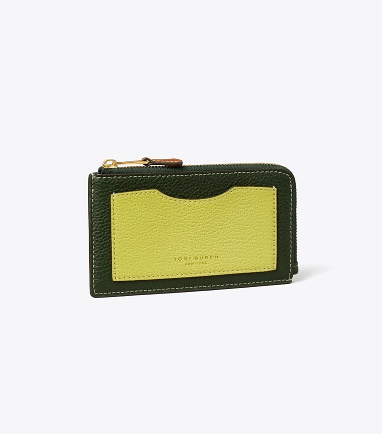 Tory Burch designer portes-cartes Porte-cartes zippé colorblock dans Basil Multi angle