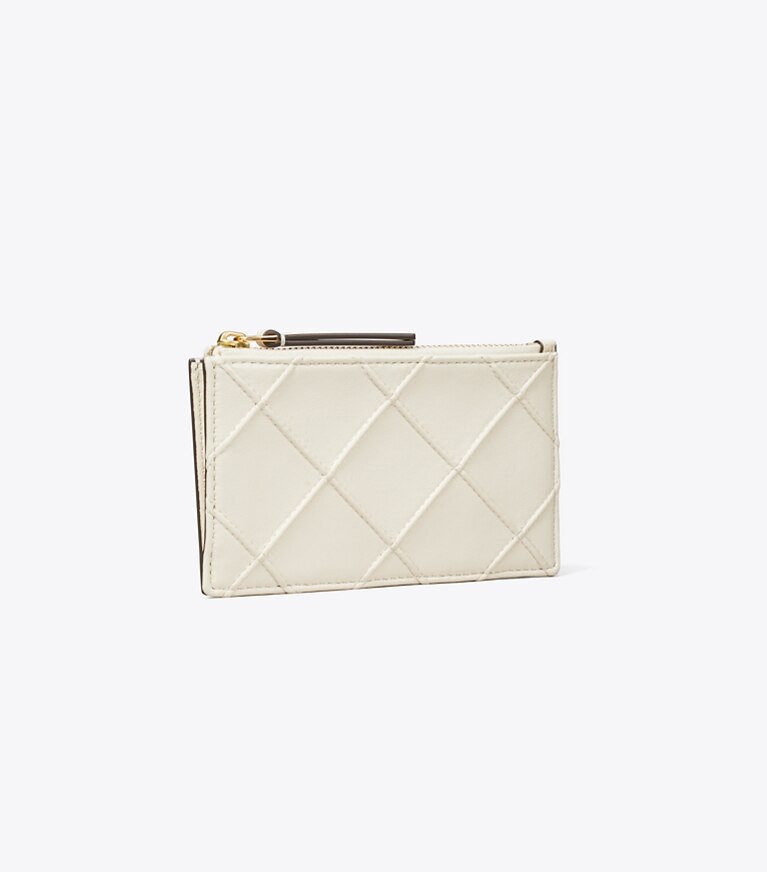 Tory Burch designer portes-cartes Porte-cartes zippé Fleming en cuir souple in Light Cream angle