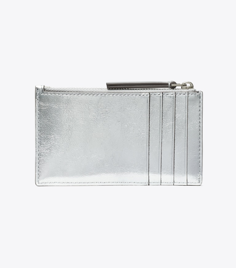 Tory Burch designer portes-cartes Porte-cartes zippé Kira en cuir métallisé à matelassage losange in Silver angle