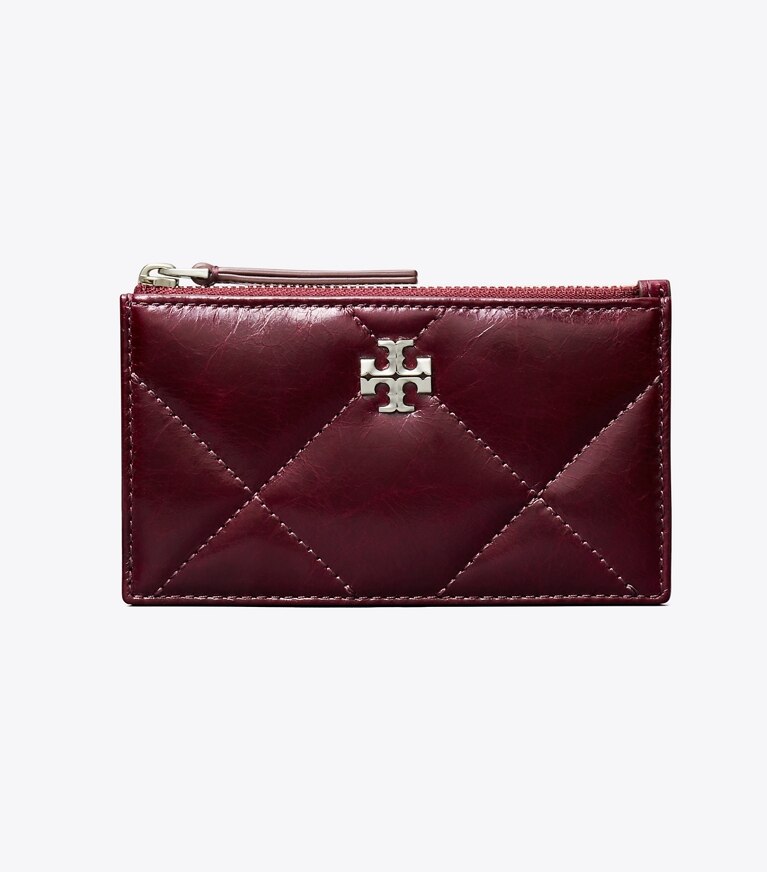 Tory Burch designer portes-cartes Porte-cartes zippé Kira matelassé losanges effet vieilli dans Dark Carmine de face
