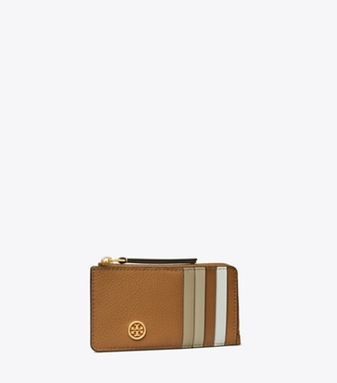 Tory Burch designer portes-cartes Porte-cartes zippé Robinson en cuir grainé in Tiger's Eye angle