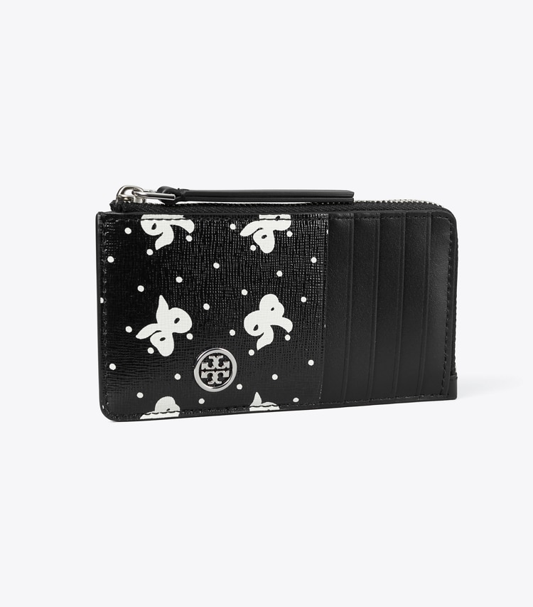Tory Burch designer portes-cartes Porte-cartes zippé Robinson en cuir imprimé in Black Tossed Bow angle