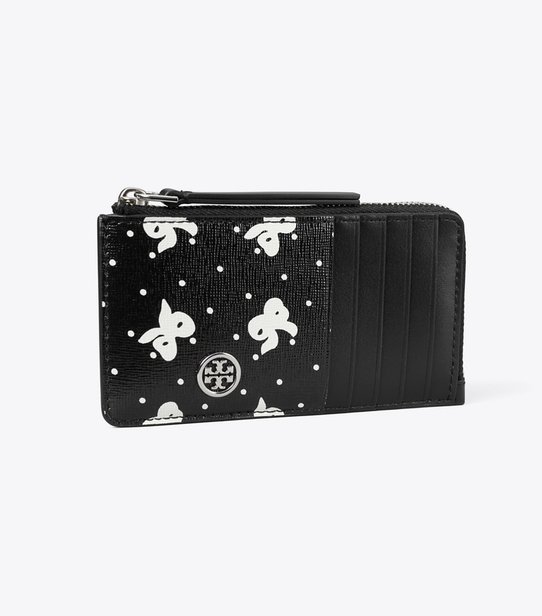 Tory Burch designer portes-cartes Porte-cartes zippé Robinson en cuir imprimé in Black Tossed Bow angle