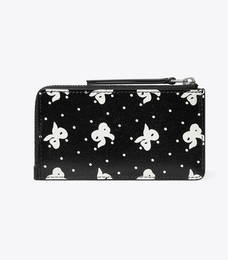 Tory Burch designer portes-cartes Porte-cartes zippé Robinson en cuir imprimé in Black Tossed Bow angle