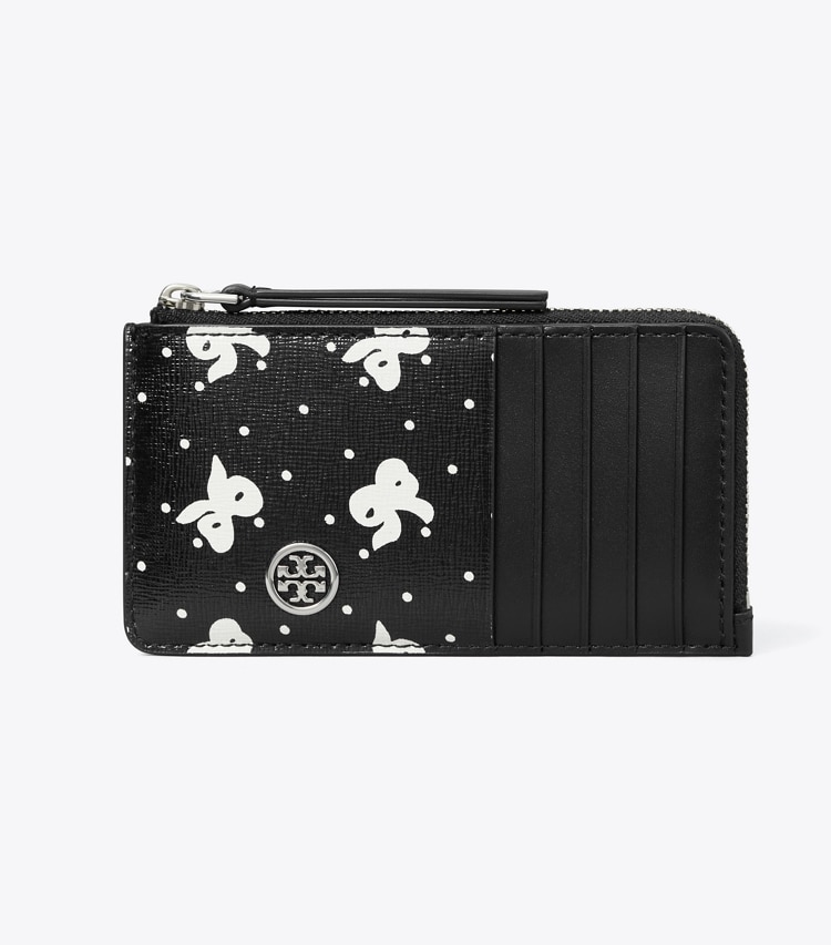 Tory Burch designer portes-cartes Porte-cartes zippé Robinson en cuir imprimé in Black Tossed Bow front