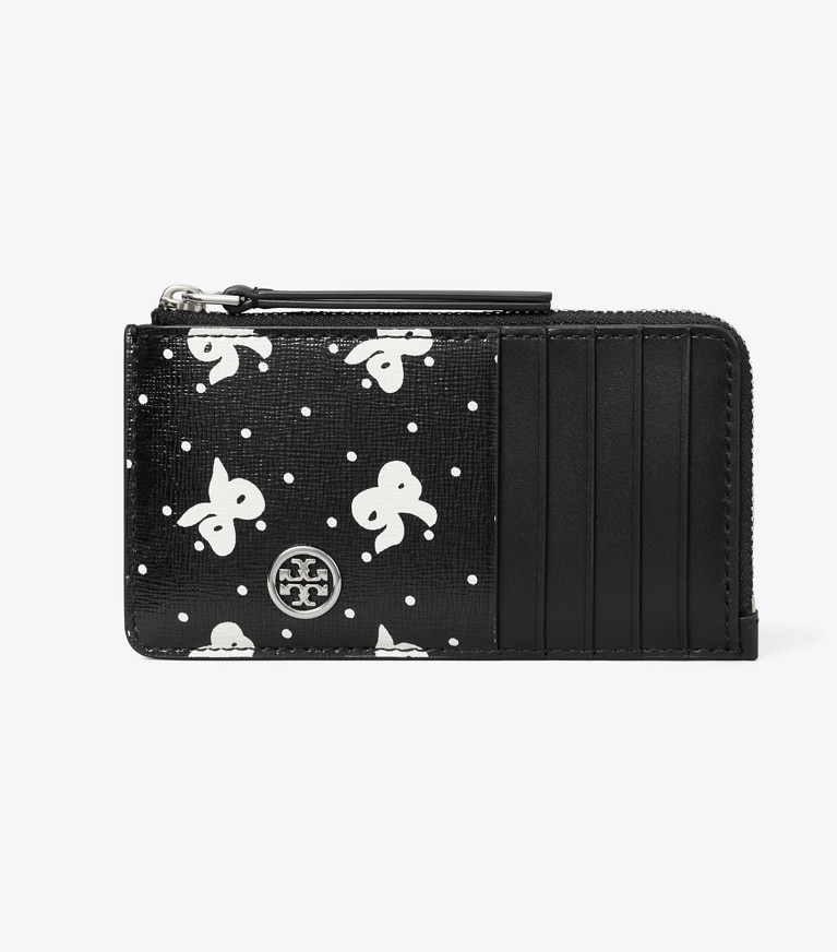 Tory Burch designer portes-cartes Porte-cartes zippé Robinson en cuir imprimé in Black Tossed Bow angle