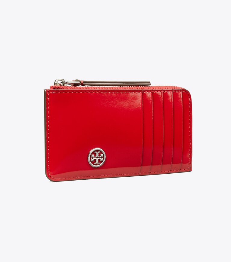 Tory Burch designer portes-cartes Porte-cartes zippé Robinson Spazzolato dans Red Sky angle