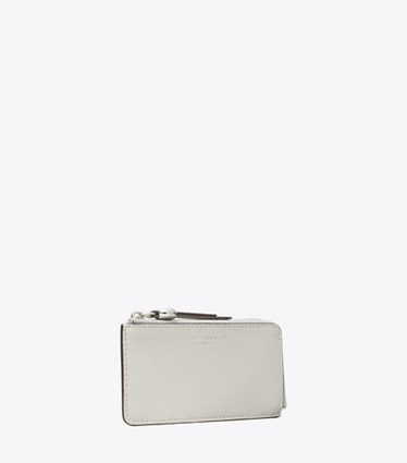Tory Burch designer portes-cartes Porte-cartes zippé Romy in Ash Cloud angle