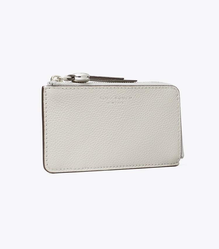 Tory Burch designer portes-cartes Porte-cartes zippé Romy in Ash Cloud angle