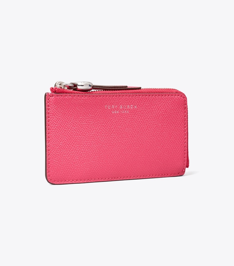 Tory Burch designer portes-cartes Porte-cartes zippé Romy in Bright Pink angle