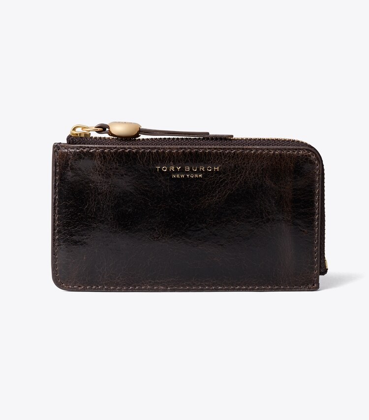 Tory Burch designer portes-cartes Porte-cartes zippé Romy effet vieilli in Dark Roast front