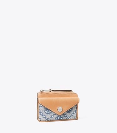 Tory Burch designer portes-cartes Porte-cartes zippé T Monogram en denim in Powder Blue angle